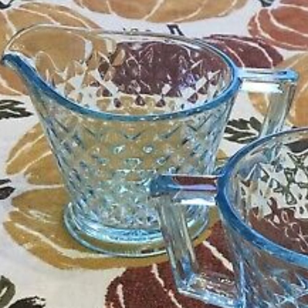 1930s Imperial Glass Company Ice Blue Diamond Quilted Pattern Creamer and Sugar